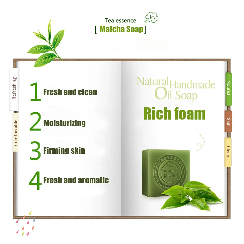 Organic Matcha Green Tea Handmade Soap Skin Whitening Moisturizing Face Cleansing Soap Remove Acne Cleansing Bath Bar Soap 100g 6