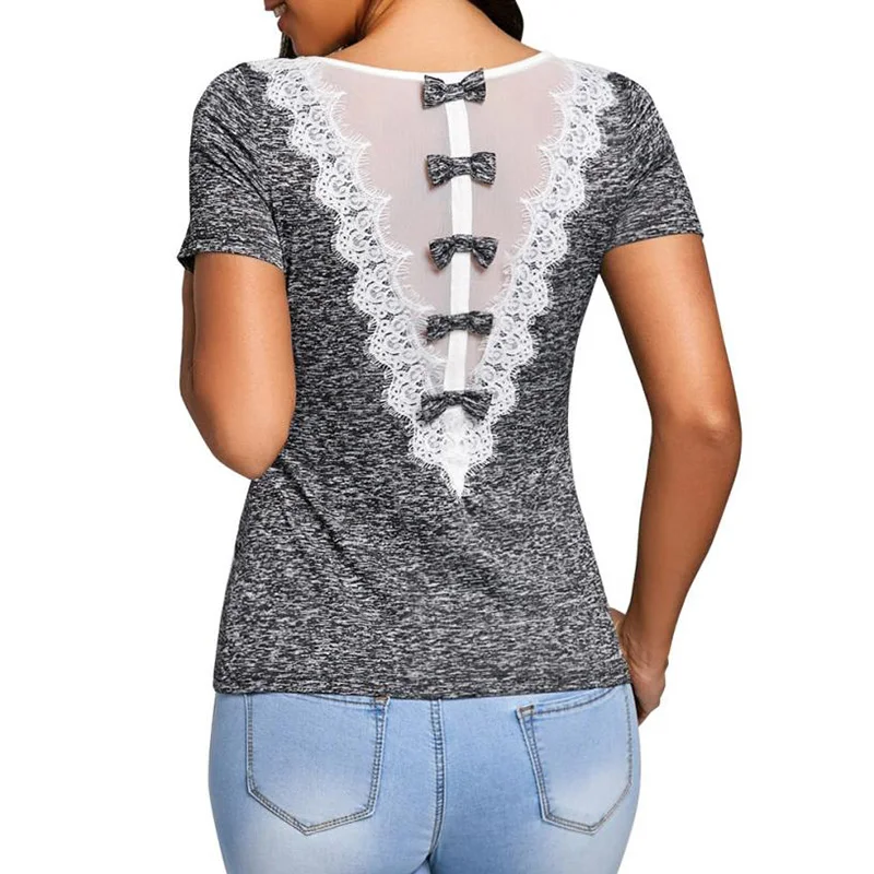 

Summer wear backless woman basic t-shirt Fashion Lace Panel Rose Print Short Sleeve T-Shirts Female Tops casual clothes#4M