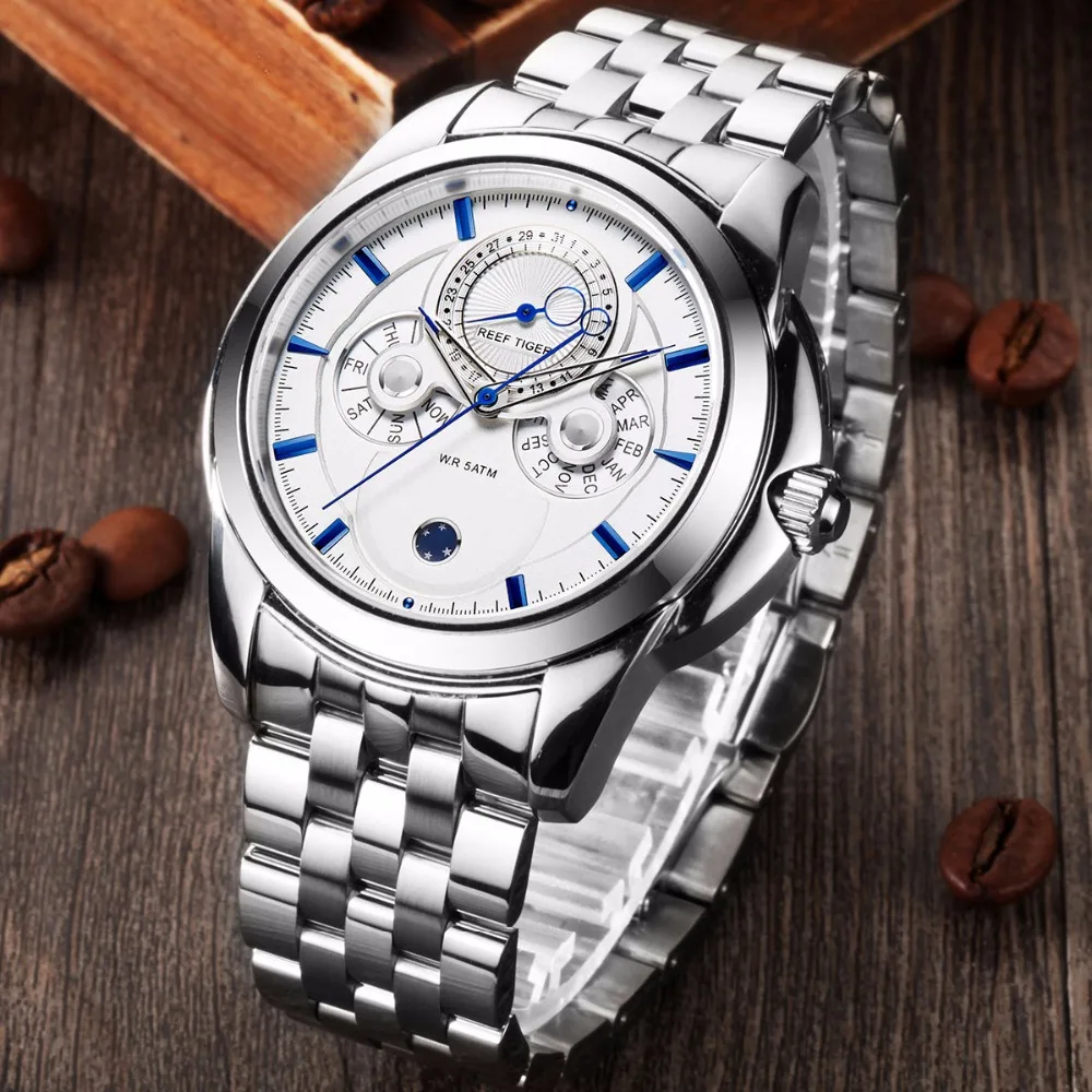  Reef Tiger/RT Watch Casual Business Complicated Watch with Date Calender Moon Phase Watch for Men R