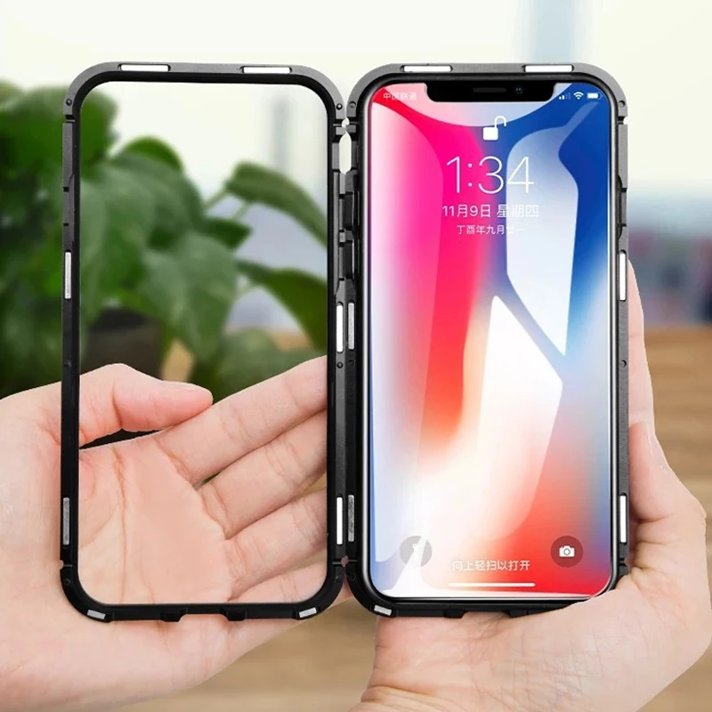 Case for Iphone XS MAX XR Magnetic Adsorption Tempered Glass Back Cover Metal Frame Built-in Magnet |
