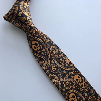 

Designer Personality Necktie Men's Fashion Printed Ties for Halloween Party Black with Golden Orange Skull Pattern