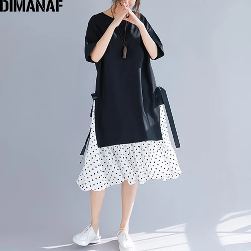 DIMANAF женское платье большого размера, летний сарафан с модным принтом в горошек, хлопковое женское платье, черное свободное пляжное платье - Цвет: Tu97254CN