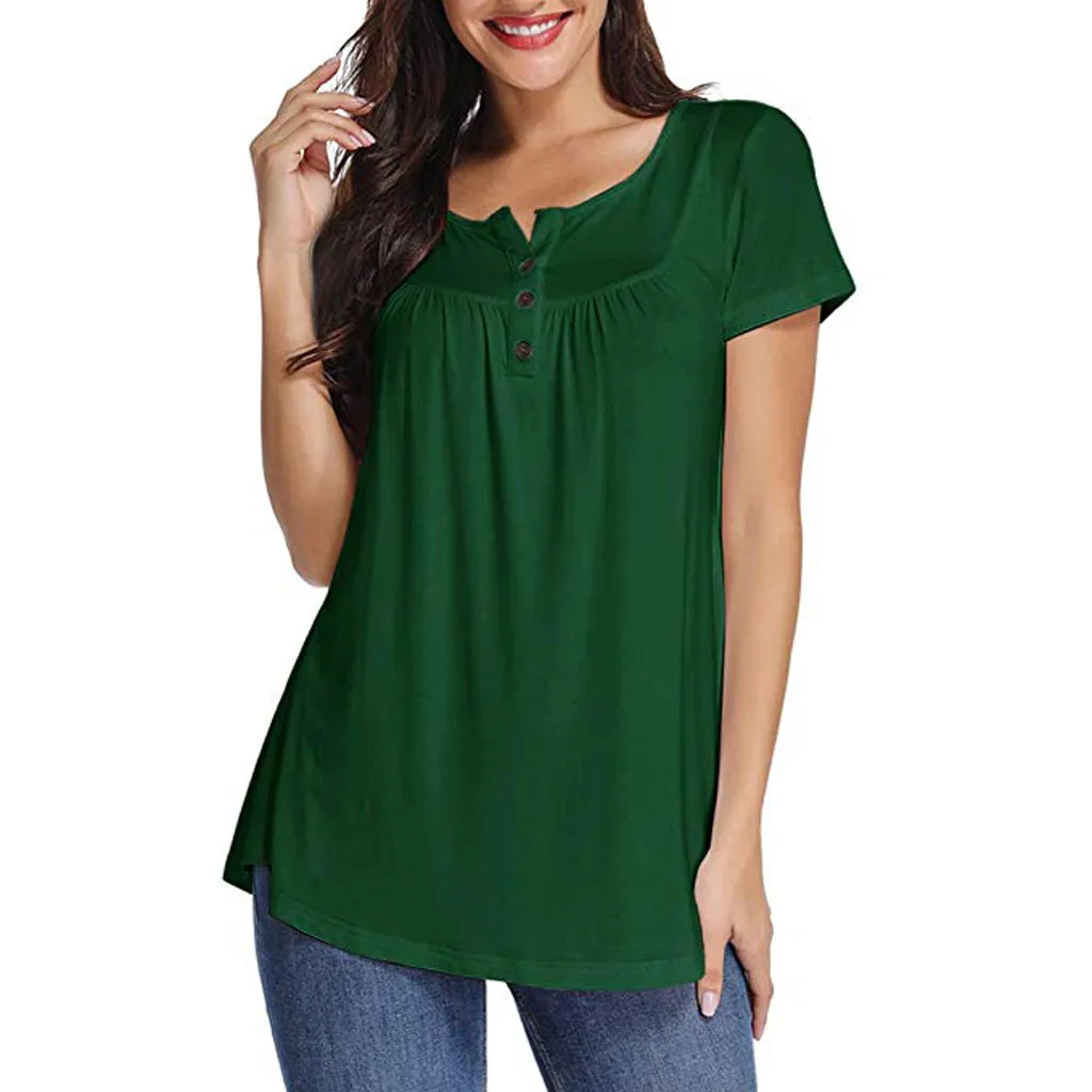 

Women Tshirt Solid Row Pleats Button Ruched O-Neck Short Sleeve Summer Tees Tops Irregular T Shirt Women Tops tops mujer verano