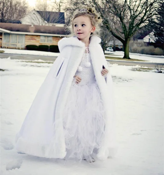 Длинная накидка цвета слоновой кости/белого цвета с капюшоном для девочек, свадебные накидки из искусственного меха, зимняя куртка, Детская верхняя одежда с цветочным узором для девочек, пальто