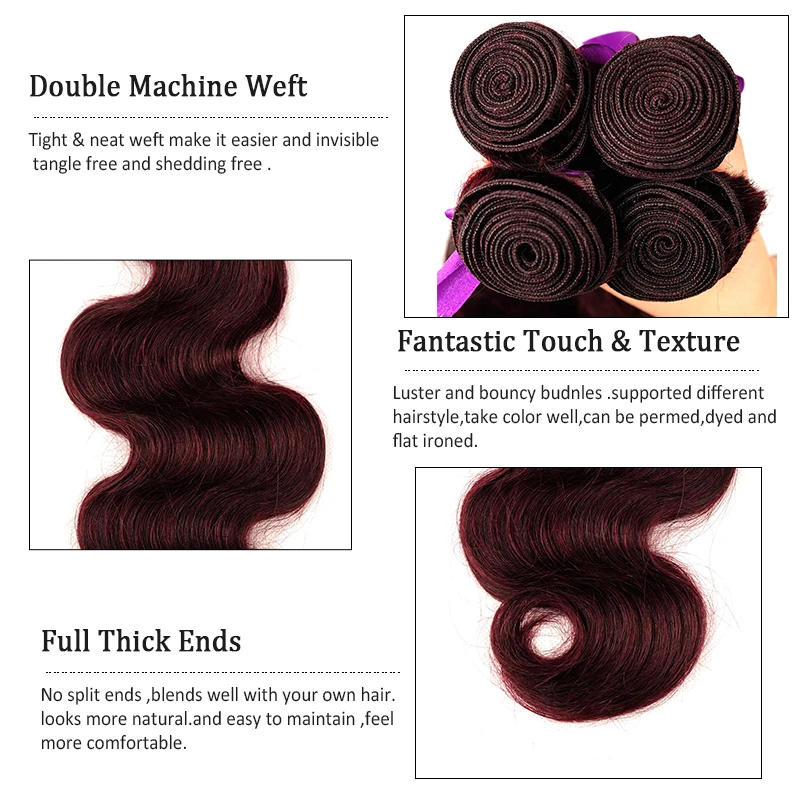 I Envy Бургундия объемная волна 4 пучка с закрытием 99J красные бразильские
