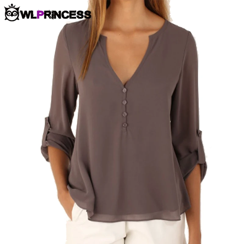 Owlprincess New Autumn Fashion Women deep v neck button long sleeve ladies tops chiffon shirts solid elegant Top casual blouse