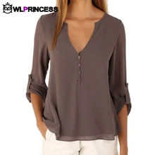 Owlprincess New Autumn Fashion Women deep v neck button long sleeve ladies tops chiffon shirts solid elegant Top casual blouse