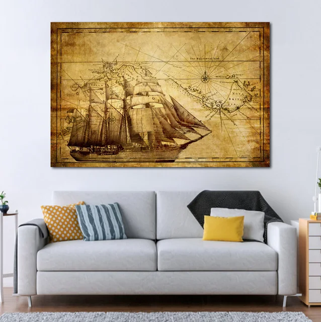 Old Nautical Sailing Map Wallpaper Living Room Decor Home Wall Art Old Nautical Sailing Map Wallpaper Living Room Decor Home Wall Art Wood Frame Fabric Posters