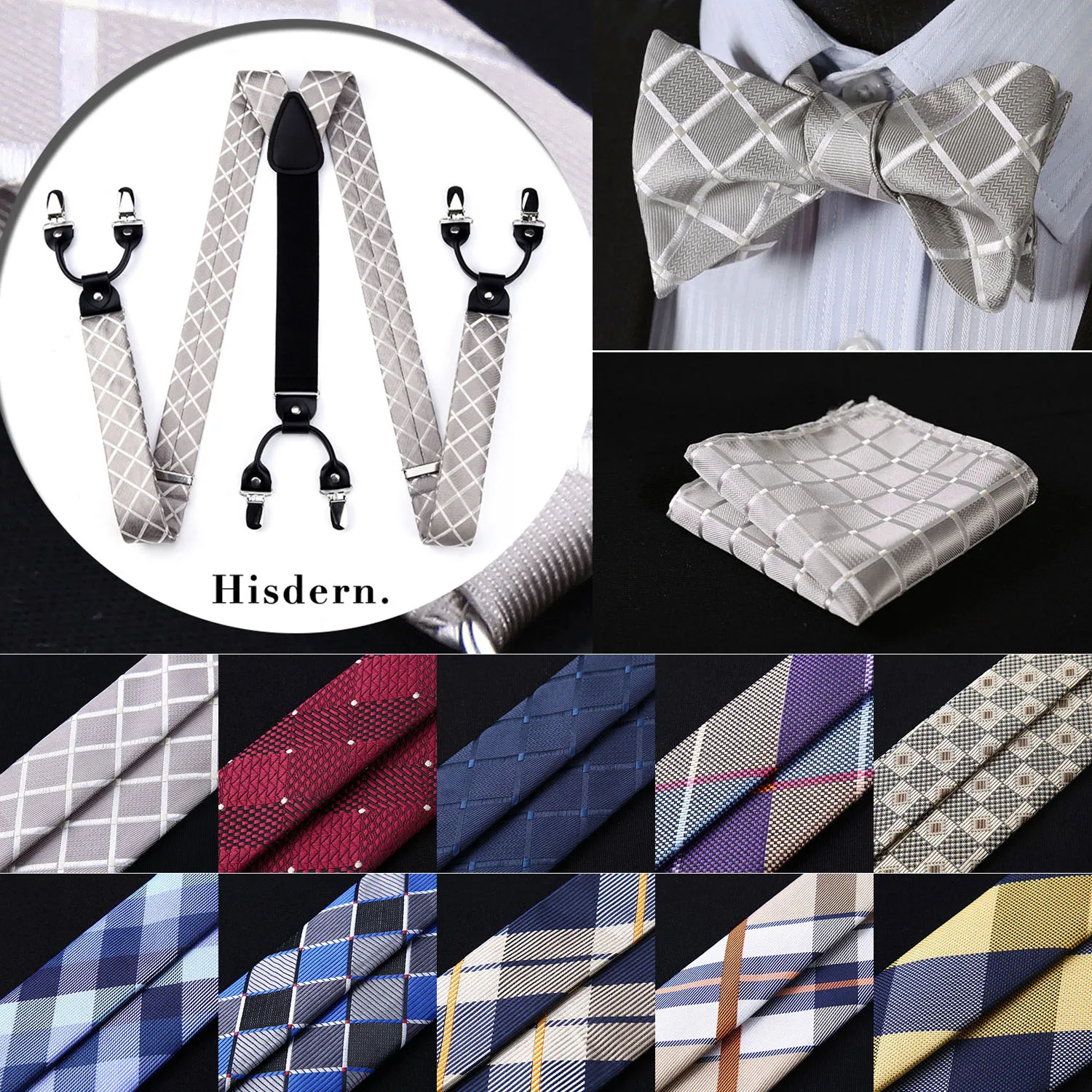 

Suspender&Bowtie and Pocket Square Set #S2 Check&plaid Various Classic 6 Clips