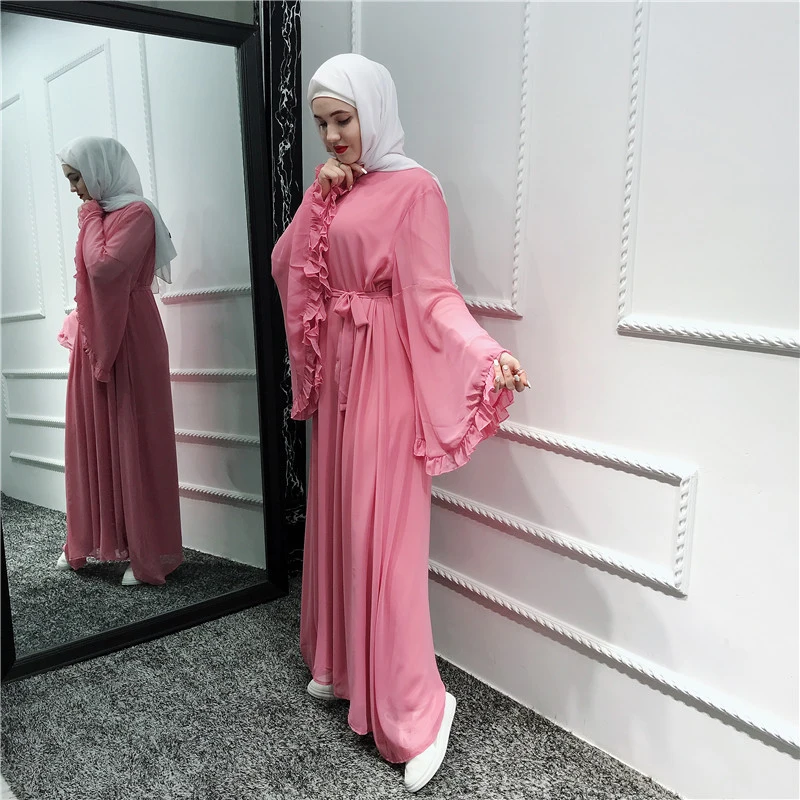 Новая мода платье dubai abaya мусульманских Для женщин Bell Sleeve Dress турецкий Исламская Леди одеяние мусульмане платья Костюмы с поясом