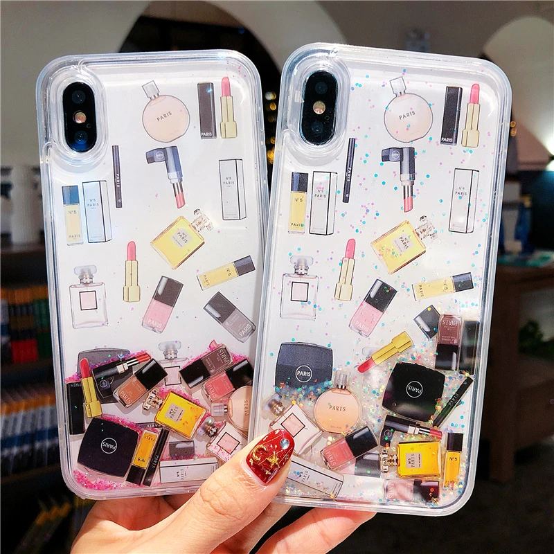 Роскошный жидкий зыбучий песок PC чехол для iPhone XR 6 7 8 Plus губная помада духи