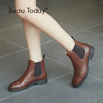 

BeauToday Chelsea Boots Woman Quality Brand Boot Half Brogue Genuine Calf Leather Ankle Length Elastic Shoes Handmade 03040