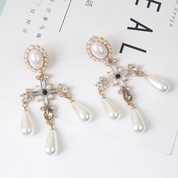 

New Cross Water Drop Charm Pearl Pendant Long Dangle Earrings for Women Fashion Lady Girl Wedding Party Jewelry 6B4018