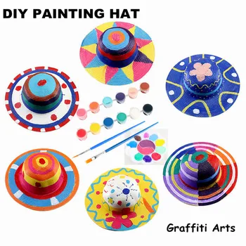 

Children DIY Toys Kids Colored Painting Straw Hat Graffiti Arts Blank Cap Kindergarten Craft Supplies
