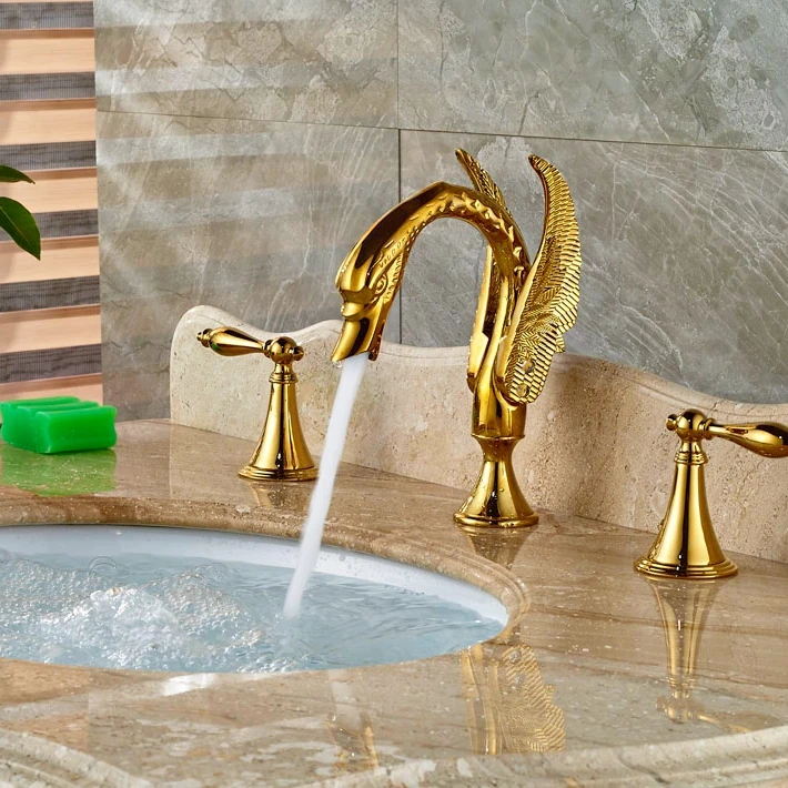 

Deck Mounted Golden Polish Basin Faucet Swivel Spout Mixer Taps Double Lever