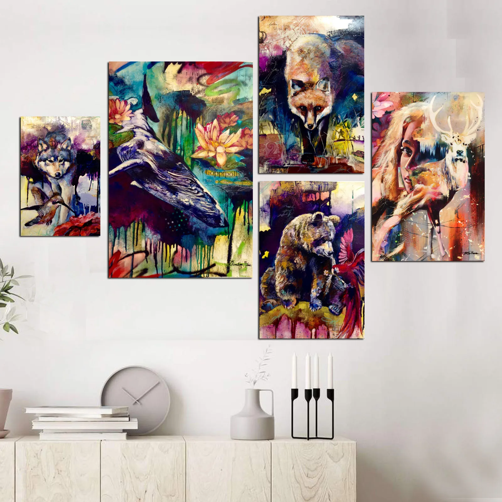 

Abstract Animal Bear Wolf Deer Scroll Canvas Painting Pop Art Prints and Posters Frame Wall Pictures Home Decor for Living Room
