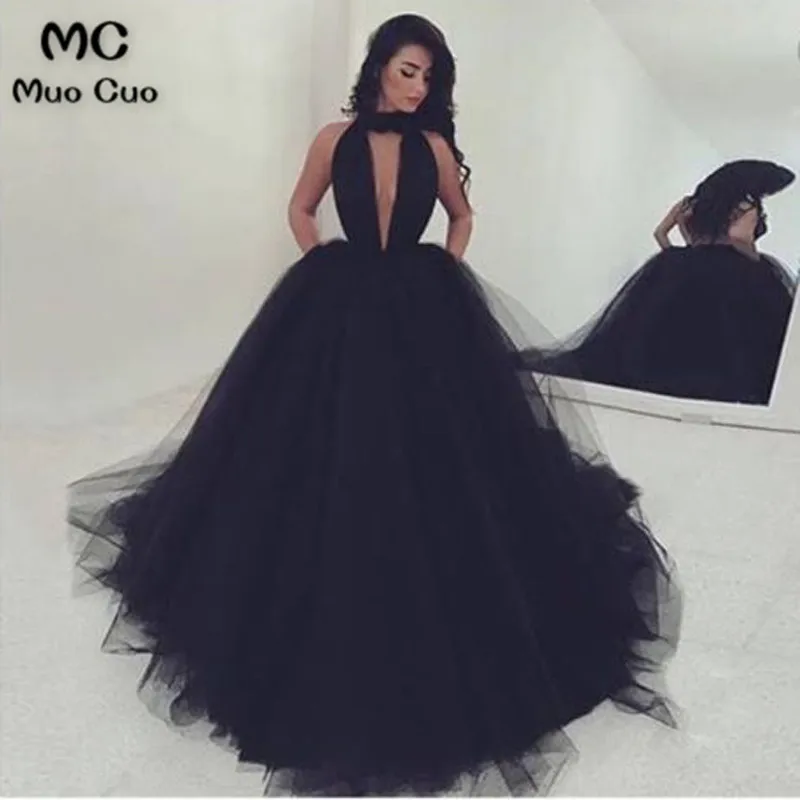 

Elegant 2018 Black Ball Gown Evening Prom Dresses Long Tulle Halter Backless Tulle Formal Evening Party Dress Custom Made