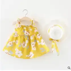 2018 Новые летние платья для малышей платья для девочек платья принцесс поводов печати платье без рукавов + шапка комплект 2 детей Бесплатная
