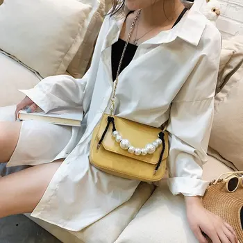

New Fashion 2019 Female Square Bag Hot Sale Famous Designer Square Pack Women Chain Pearl Solid Color Shoulder Crossbody Bags