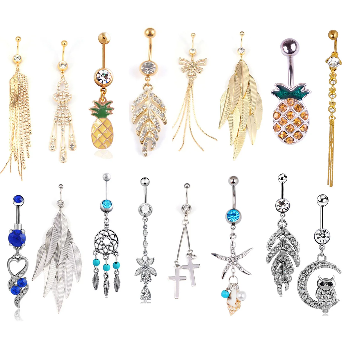 1PC 14G Body Piercing Jewelry Silver Navel Piercing Pineapple Leaf Heart Dangle Belly Button Ring For Women