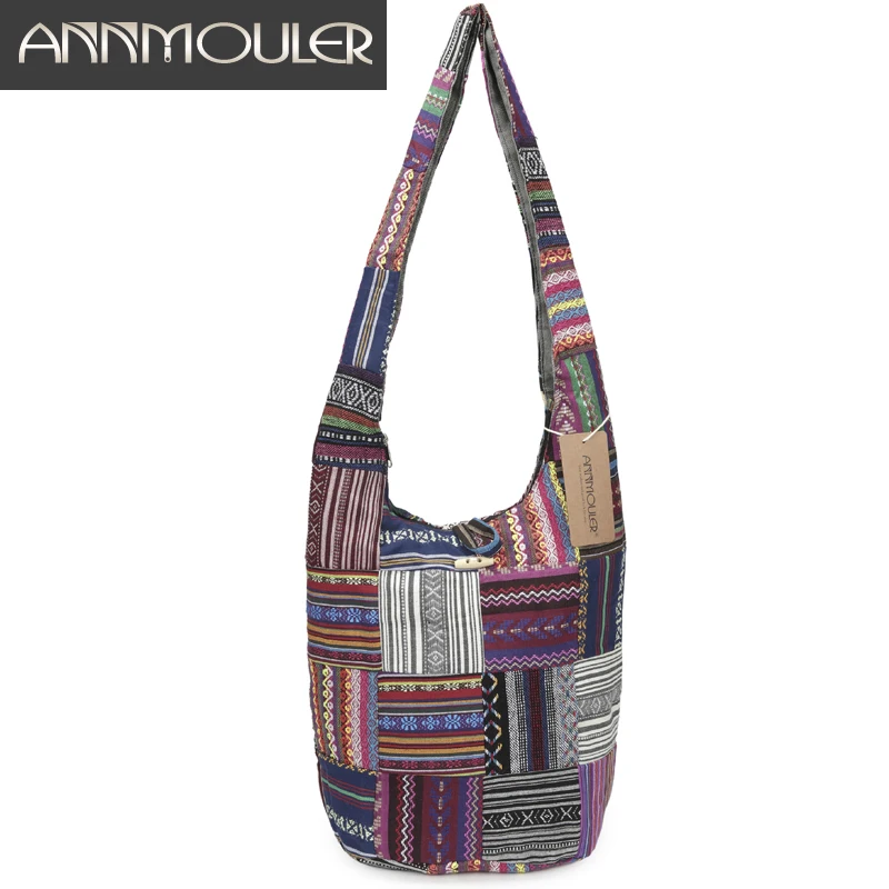 Annmouler النساء كبيرة الكتف حقيبة القطن رسول حقيبة خمر خليط Crossbody حقيبة للسيدات سستة الأفاق حقيبة مع مشبك
