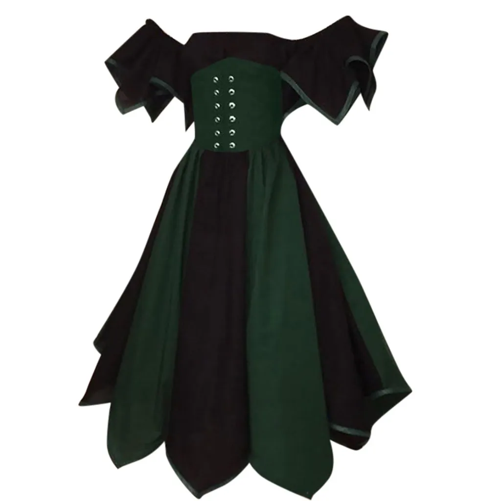

Temperament Princess Dress Medieval Retro Fashion Dresses Fashion Stitching Short Sleeve slash-neck Dress #YL-25