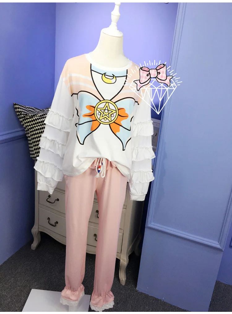 Япония мультфильм аниме косплей Сейлор Мун принт девушки пижамные комплекты топ и брюки 2 шт. Женская домашняя одежда