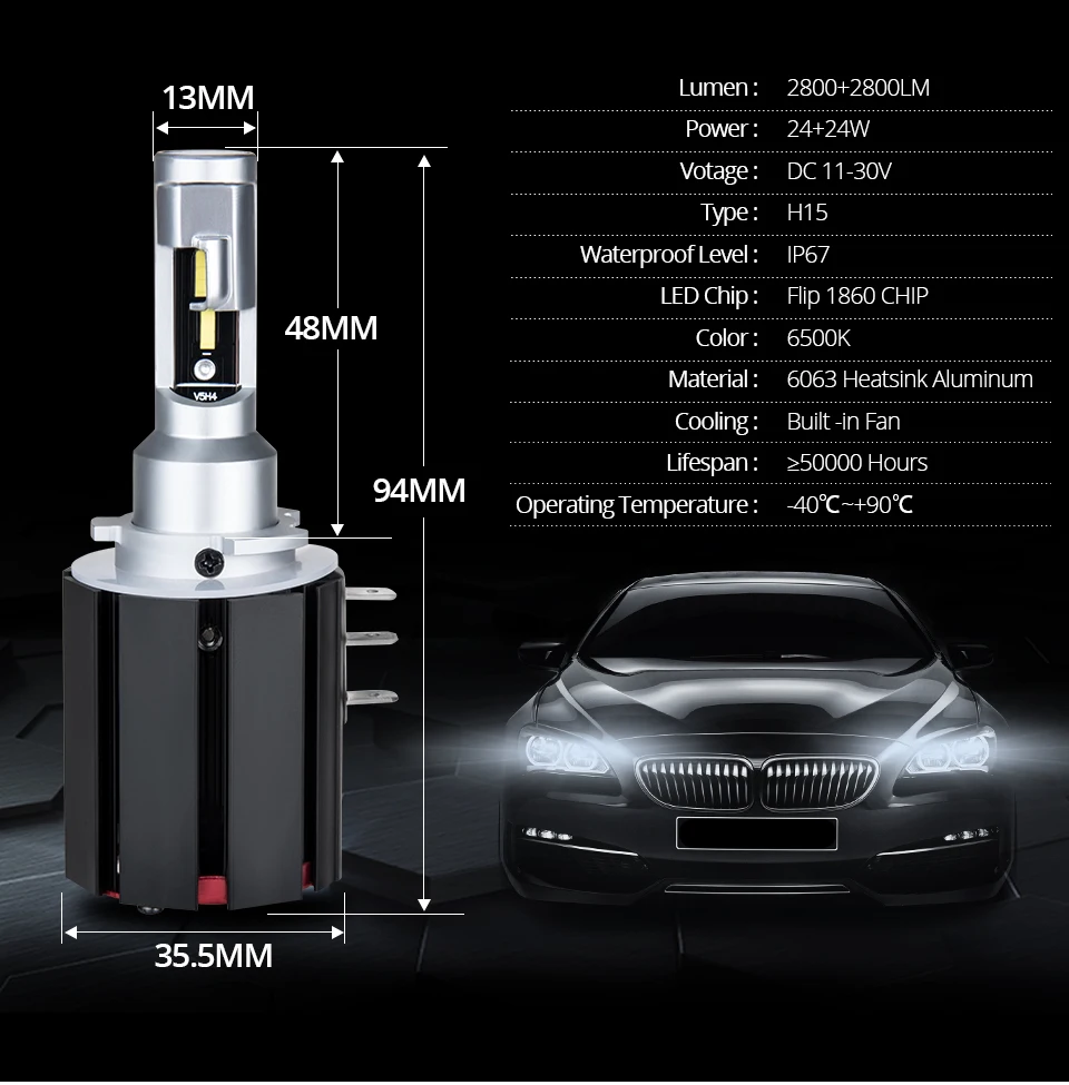 VooVoo Led H15 Auto LED Headlamp H15 LED Bulbs DRL Daytime Running Light + Low Beam Wireless Car Headlight Lights 48W 5600LM 12V (3)