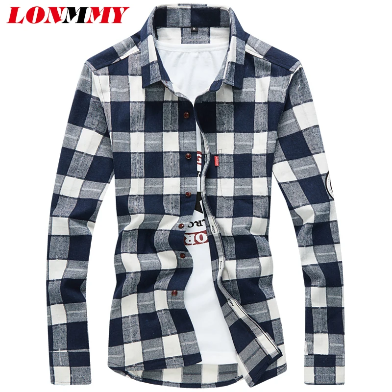 LONMMY 4XL клетчатые рубашки мужские платья camisa social masculina Хлопок 41.8% с длинным рукавом мужские Рубашки повседневные блузки Slim fit Новый 2018