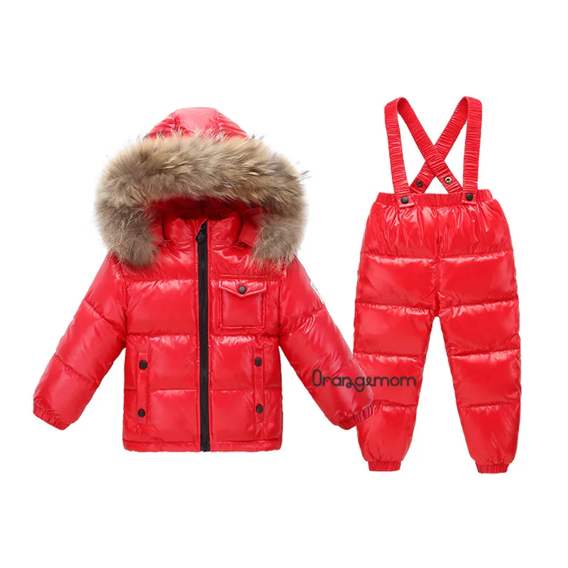 Russian winter children's clothing fashion shiny jackets for girls child coat boys winter jacket+ pant waterproof snow wear - Цвет: red