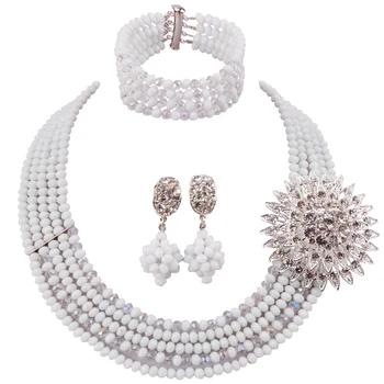 

Handmade Opaque White Clear AB Nigeria Style Women and Girls Crystal Beads Necklace Bracelet Earring Sets 5C-ST-34