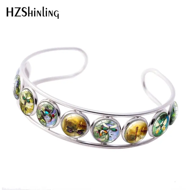 

2019 New Steampunk Dragonfly Cuff Bracelet Dragonflies Bracelets Hand Craft Glass Dome Cabochon Jewelry