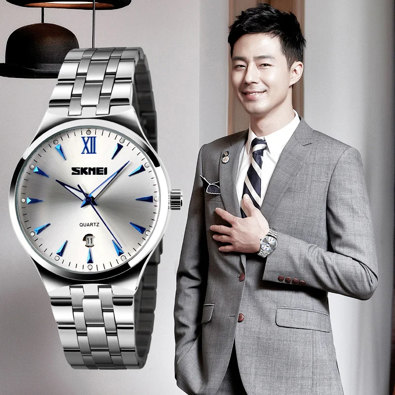 SKMEI брендовые Модные мужские полностью стальные часы повседневные кварцевые нарядные наручные часы с календарем водонепроницаемые деловые часы 9071
