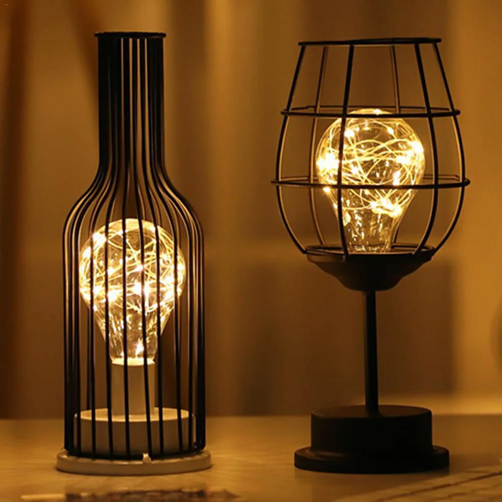LED Retro Bulb Iron Table Winebottle Copper Wire Night Light Creative Hotel Home Decoration Desk Lamp