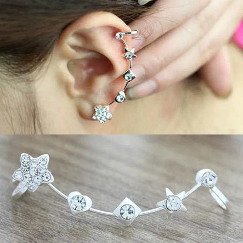New Fashion No Ear Hole Earrings Star Love Style Crystal Stud Earring