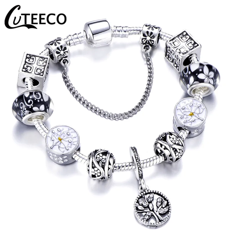 AE0241 CUTEECO 925, модный серебряный браслет с шармами, браслет для женщин, Хрустальный цветок, сказочный шарик, подходит для брендовых браслетов, ювелирные изделия, браслеты - Окраска металла: AE0241