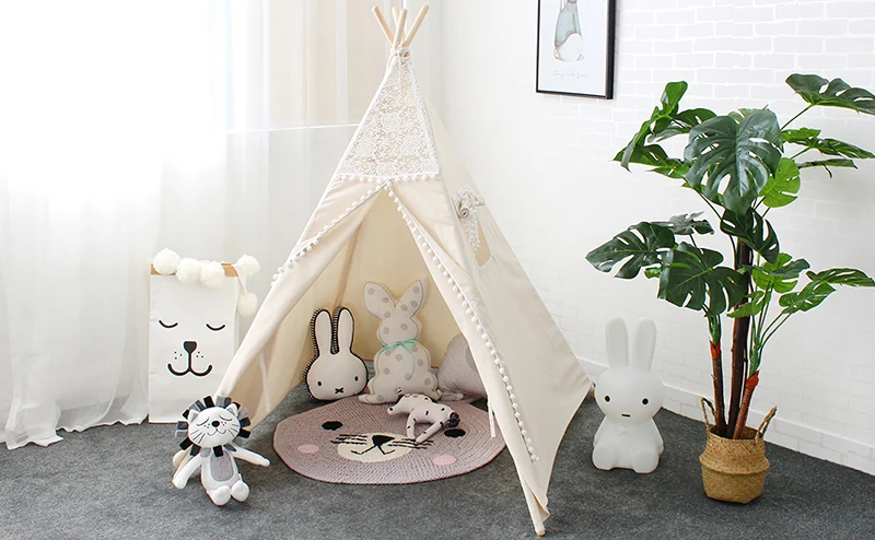 Tenda para Crianças Teepees para Crianças Tenda para Bebê Laço Tipi Algodão Playhouse Dobrável Jogar Leitura Canto Extra 5 Usd Cupom 4 Barraca brinquedo