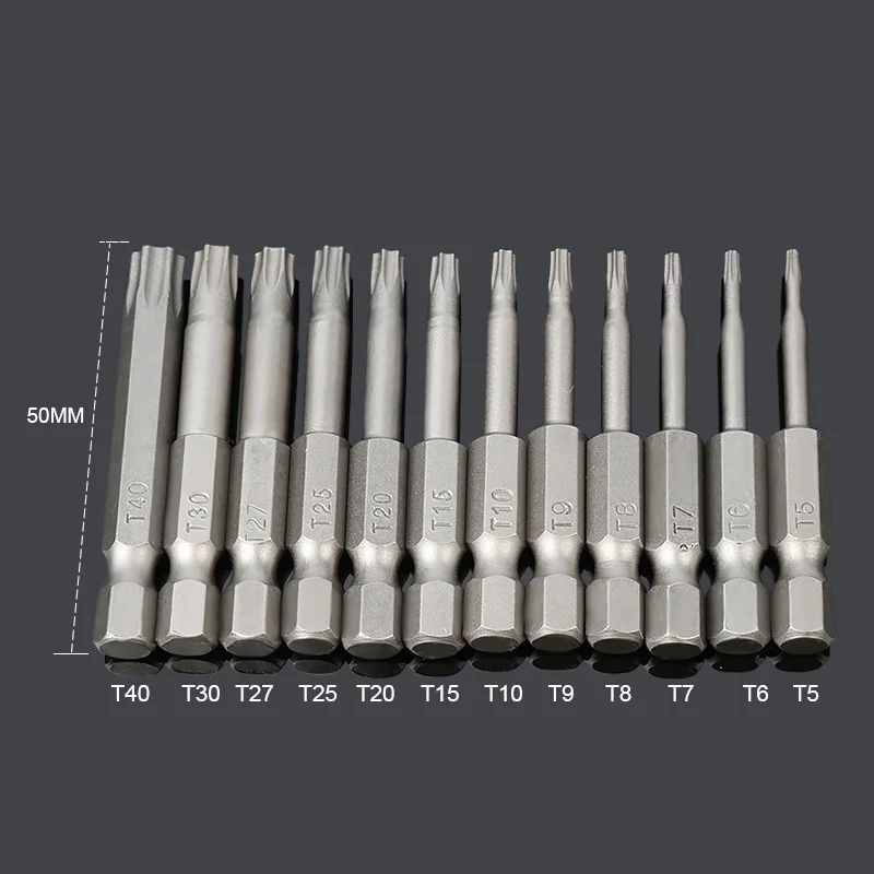 

12 Pcs 50mm Electric S2 Hexagon Torx Head Torx Head Protector Tamper-resistant Electric Screwdriver Bit Group T5-T40 Bit Tools