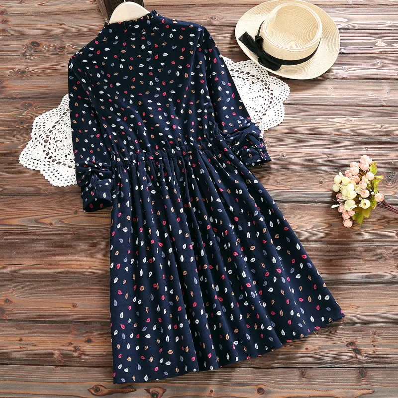 

Mori Girl Winter Autumn Women Warm Dress Stand Collar Leaf Print Cotton Ropa Mujer Full Sleeve Navy Blue Pink Elegant Mini Dress