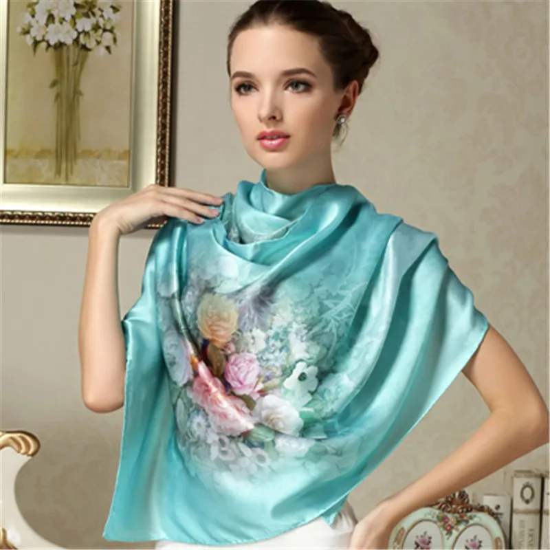 Женский шарф из натурального шелка с модным принтом шелк тутового шелка шарф шали большого размера женский шейный платок солнцезащитный FW201 - Цвет: 7