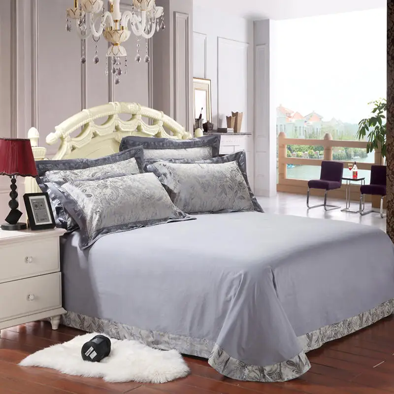Waliicorners Comfy Bedding Froral Jacquard Satin and cotton King Queen size 4-pieces Bedding Set Luxury, Gray Golden Bedsheet/Fitted shet set 30 106
