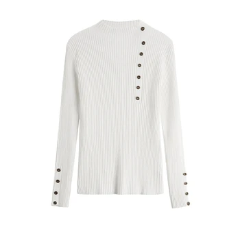 

2019 New Winter Korean Women's Elastic Slim Personality Button Decorative Half-high-collar Knitted Shirt