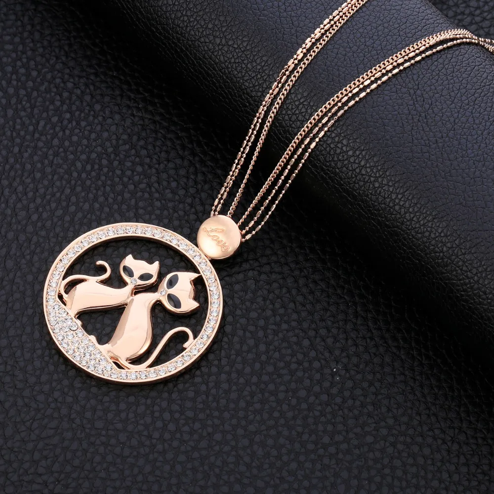 

Lovely Couple Cat Pendant Necklace For Women Big Crystal Animal Pendant Long Necklace Gold Chains Women Statement Jewelry Trendy