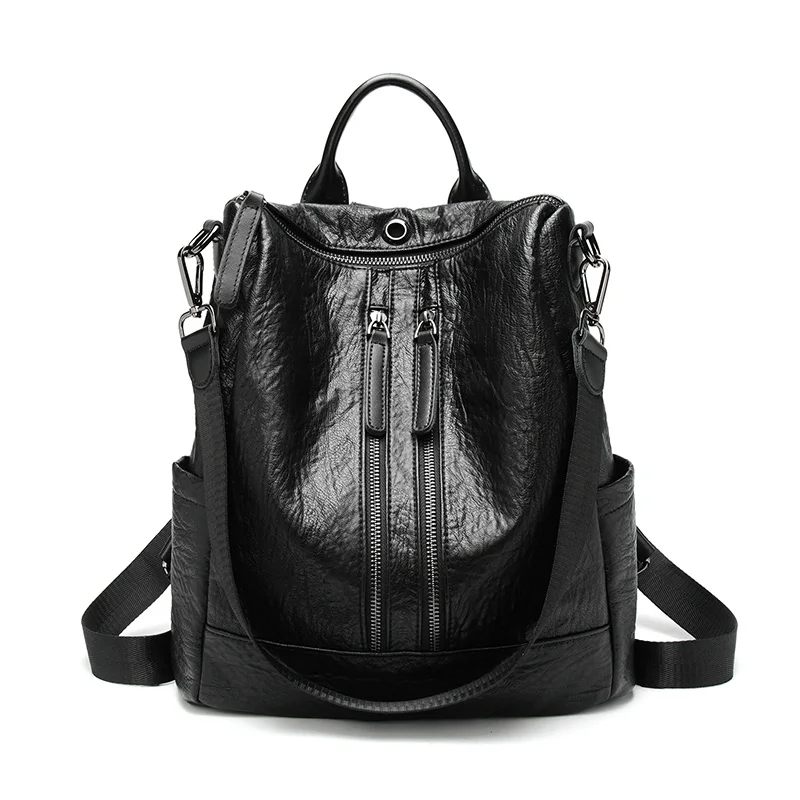 Double Zipper Black Женский рюкзак mochila feminina, повседневный многофункциональный женский кожаный рюкзак, женская сумка через плечо, сумка для путешествий - Цвет: Double Zipper Black