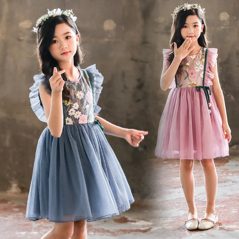 Children Girls Lace Embroidery Purple Color Princess Dress Mesh Tutu Ball Gown Ruffles Party Kids Girl Dress