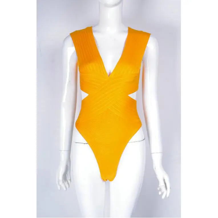 

Summer Fashion Sexy V Neck Orange White Bandage Bodysuit 2017 Knitted Stretch Designer Bandage Bodysuit