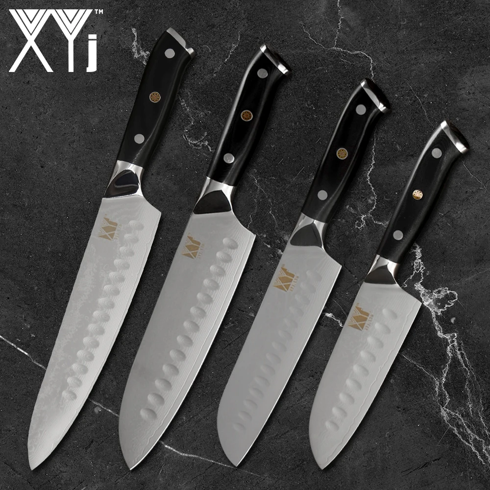 

XYj Damascus Kitchen Knife VG10 Steel Blade Flower Nail Pattern Japanese Chef Knives Santoku Cleaver Vegetable Cutter Cook Tool