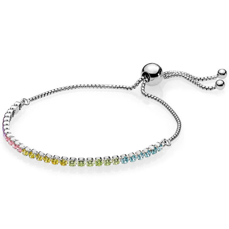 

Authentic 925 Sterling Silver Rainbow Tennis Sparkling Strand Adjust Pan Bracelet Bangle Fit Bead Charm Diy Jewelry