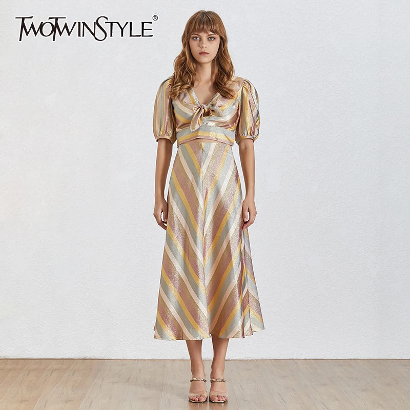 

TWOTWINSYTLE Elegant Hit Color Striped Women Suit V Neck Puff Sleeve Bowknot Tops High Waist Midi Skirt Female Fashion 2019 New