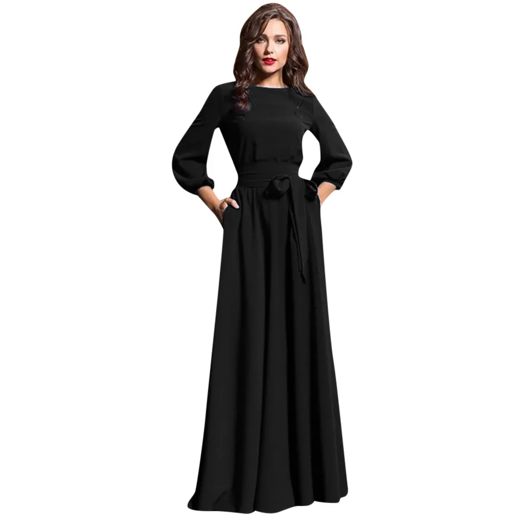 Новинка, одноцветные длинные платья с рукавом, осеннее платье, элегантное размера плюс, женское летнее Повседневное платье для вечеринки, фонарь с поясом Femme3Q - Цвет: Черный